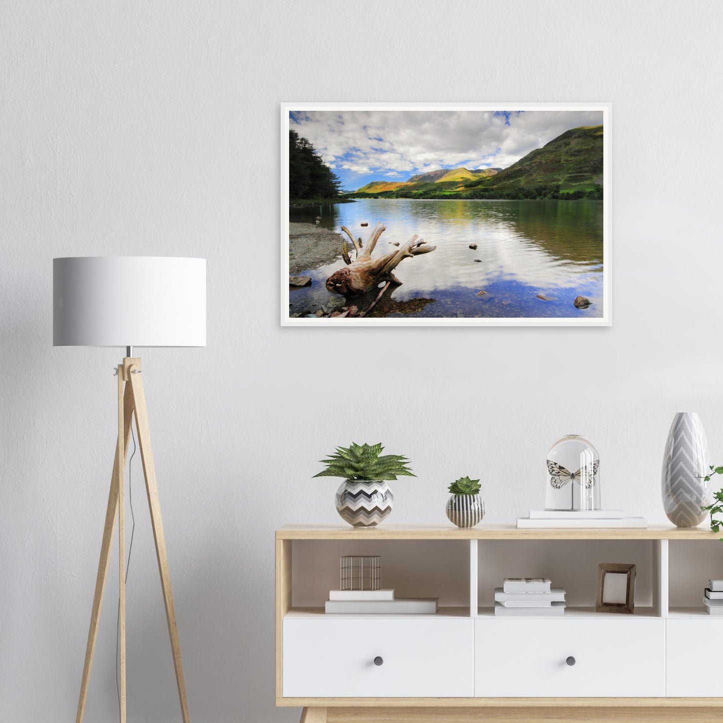 Foreground driftwood detail at Buttermere Lake framed print