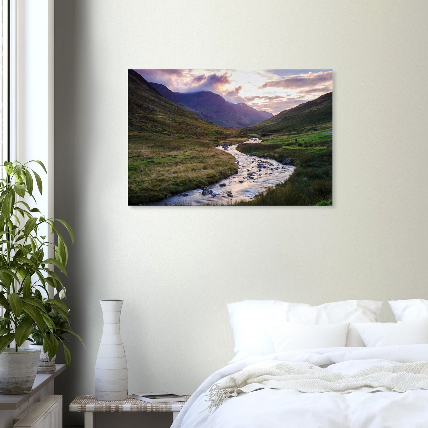 Canvas art of Honister Pass at sunset, showing soft golden light on hills, a gentle brook, and majestic mountains in the distance.