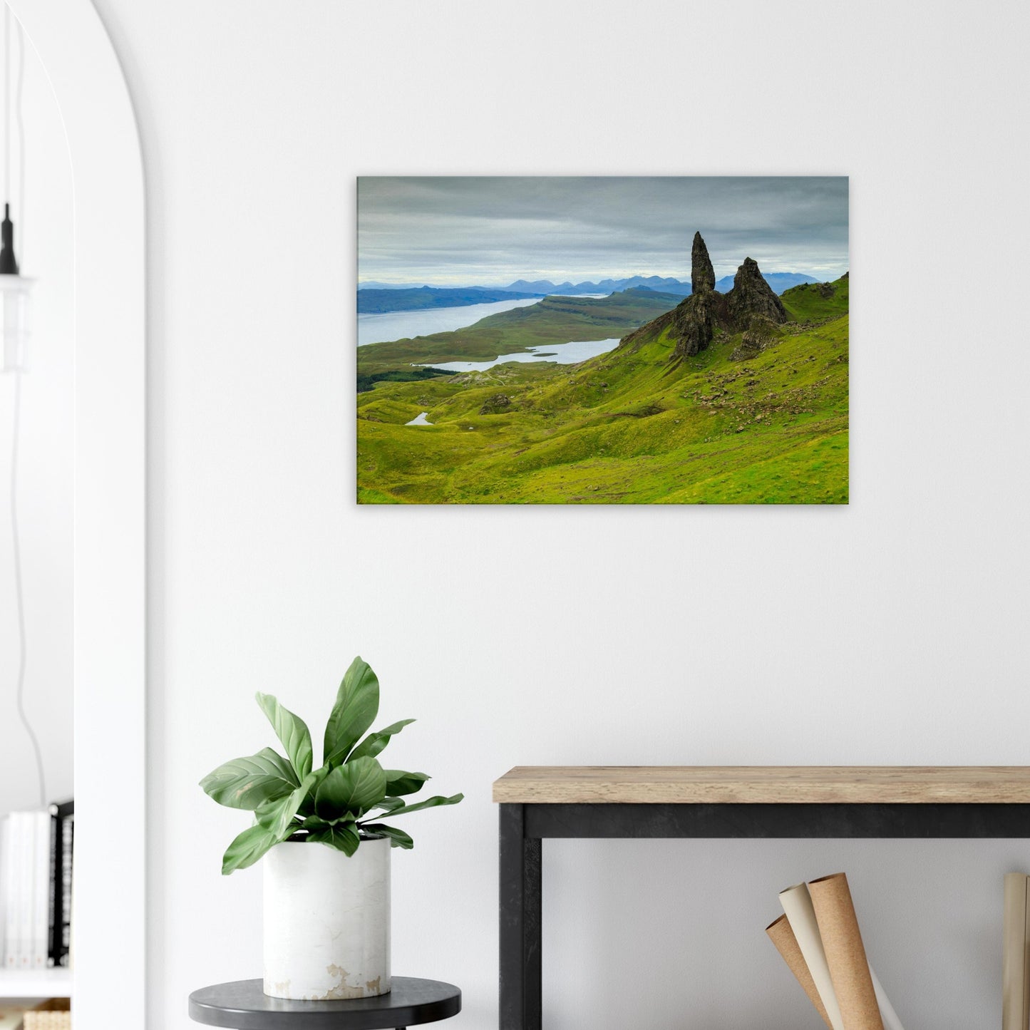 Highland landscape canvas featuring The Old Man of Storr, moody clouds, and the dramatic contours of Skye.