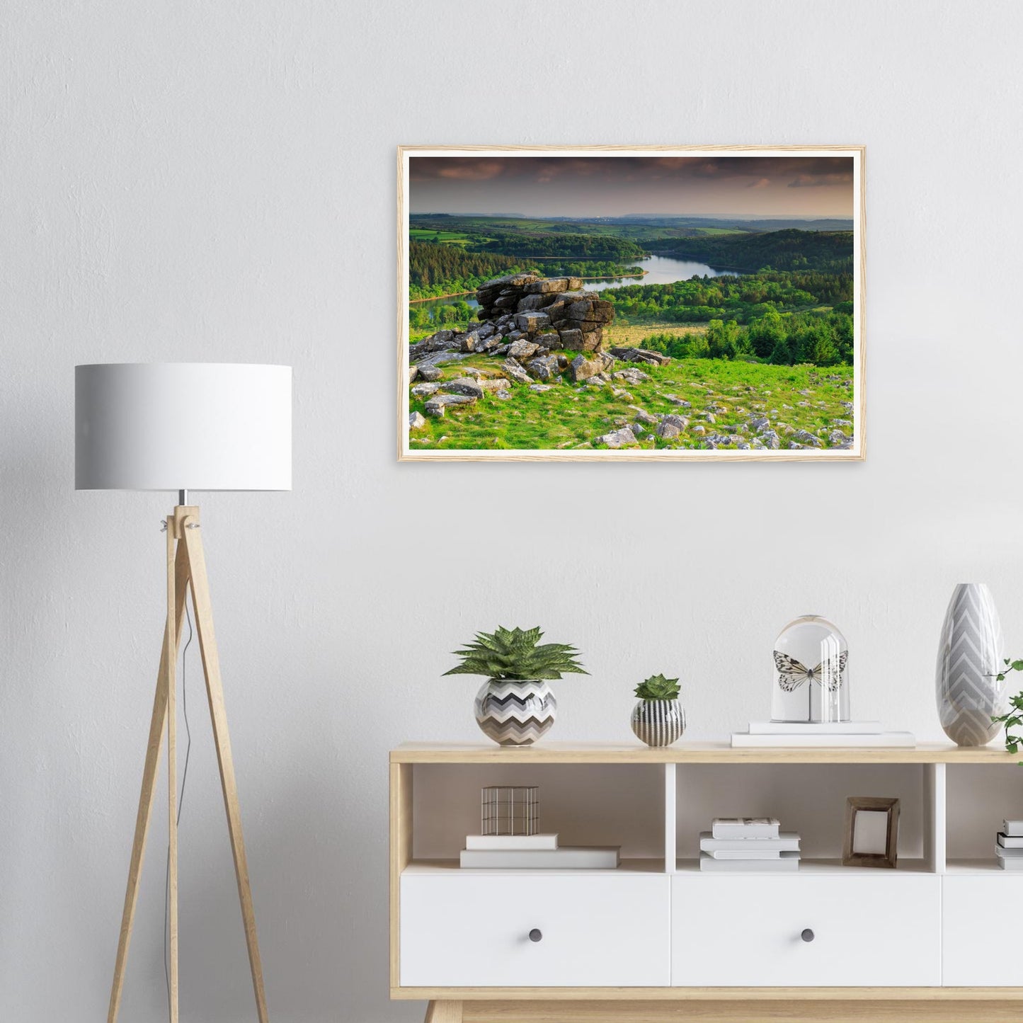Dartmoor framed print of Leather Tor sentinel over lake and hills