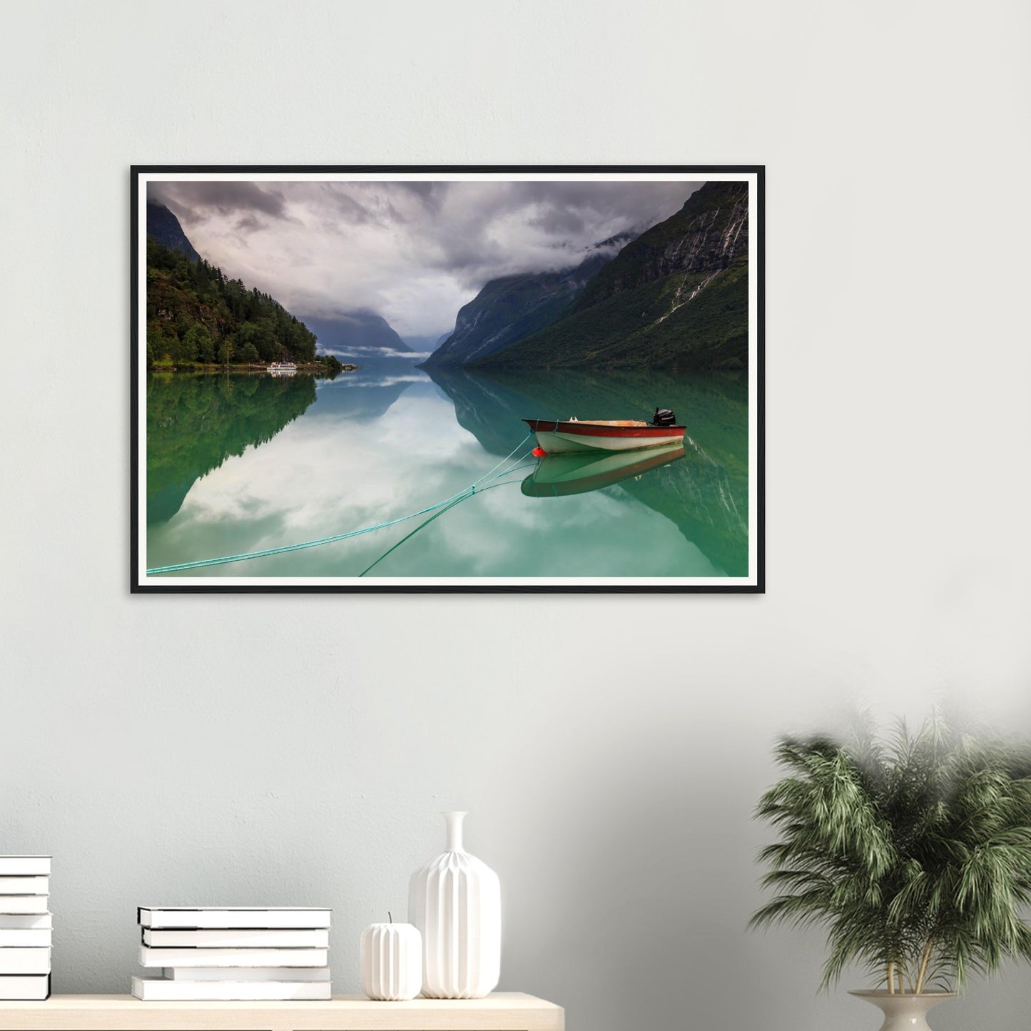 Mirror-like reflections on Lovatnet Lake Norway framed print