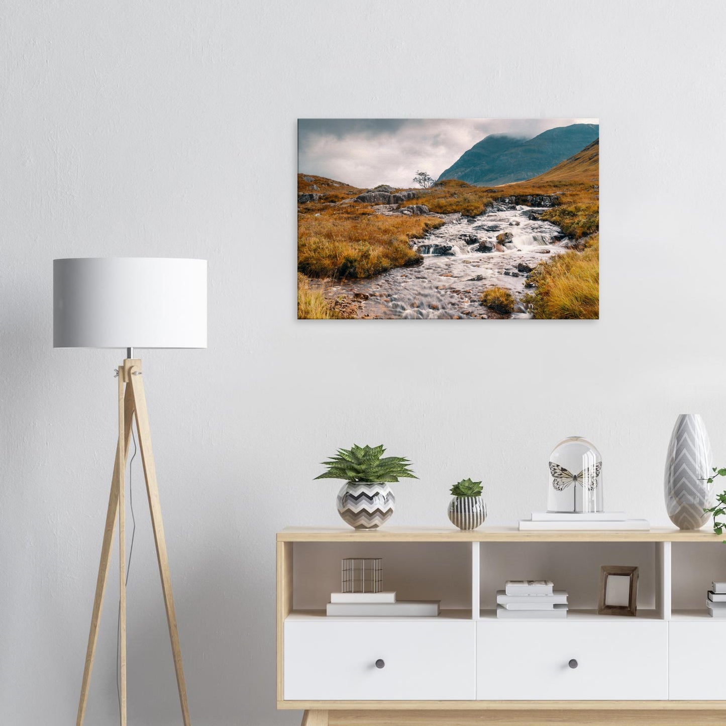Highland landscape canvas with vibrant stream and cloudy summits