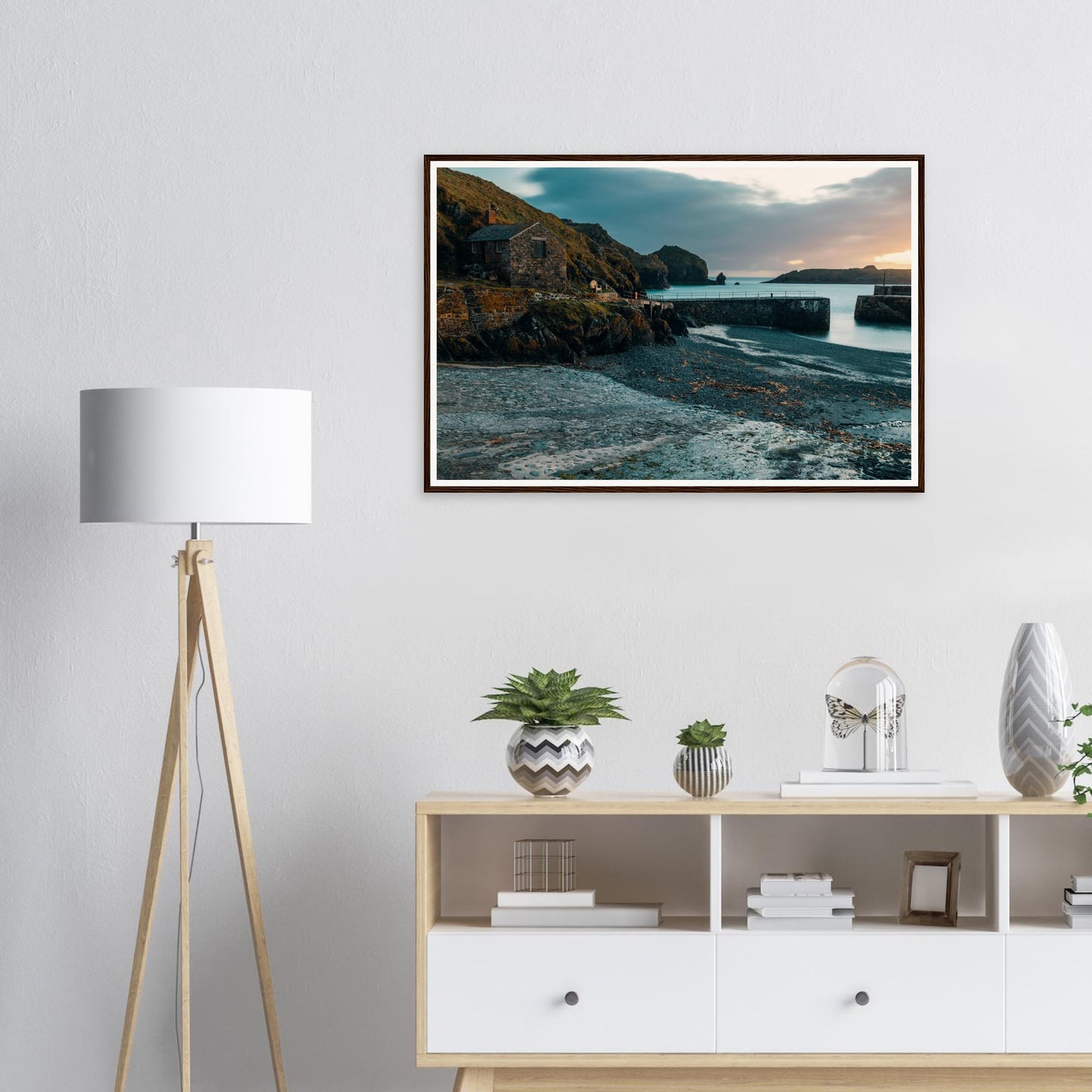 Scenic framed print of Mullion Cove harbour at dusk Cornwall
