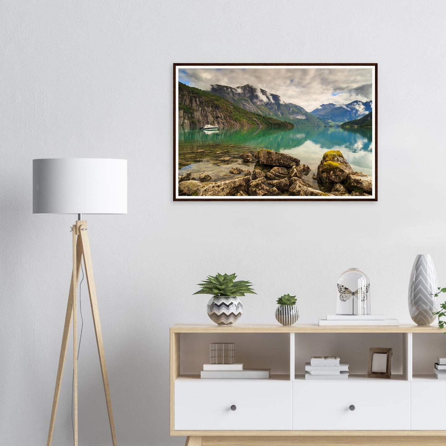 Boat floating peacefully on Strynevatnet Lake framed print