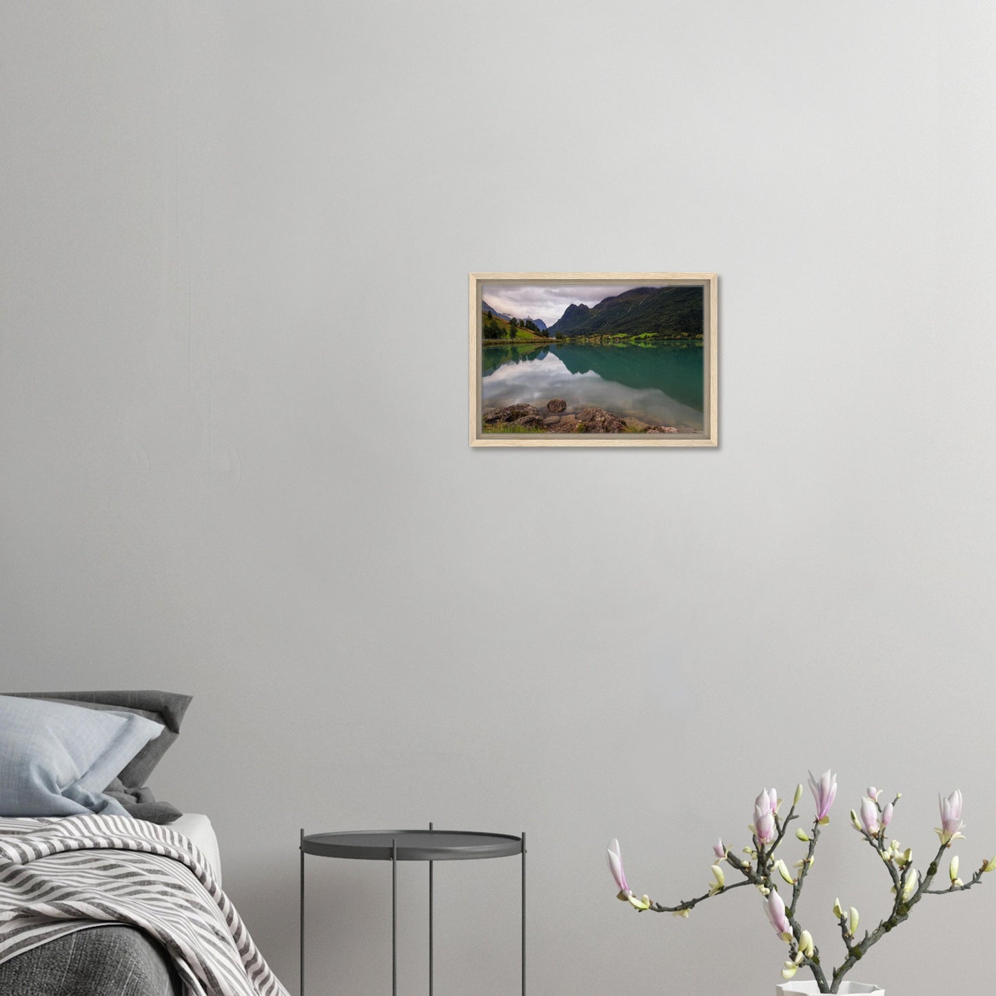 Norwegian framed canvas with still lake and distant peaks