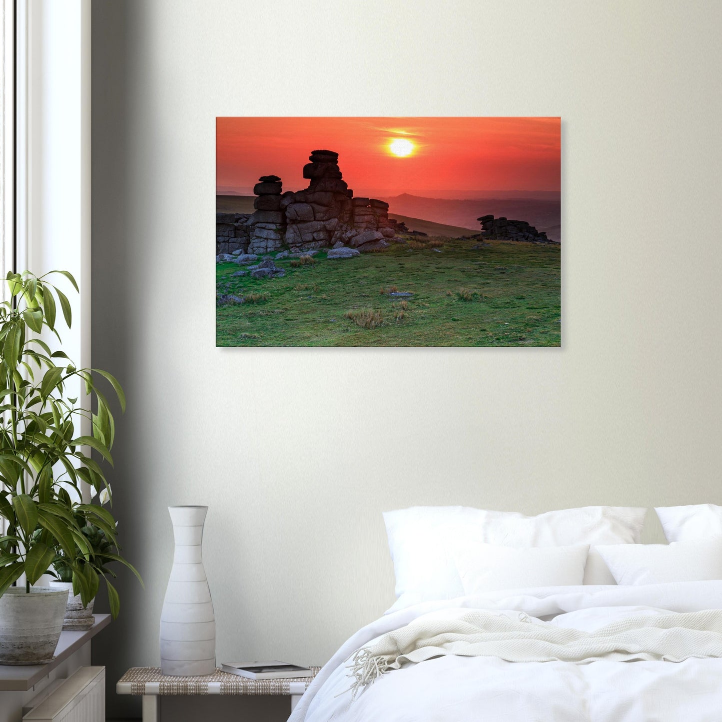 Atmospheric sunset scene from Dartmoor with silhouetted tor, printed on canvas.