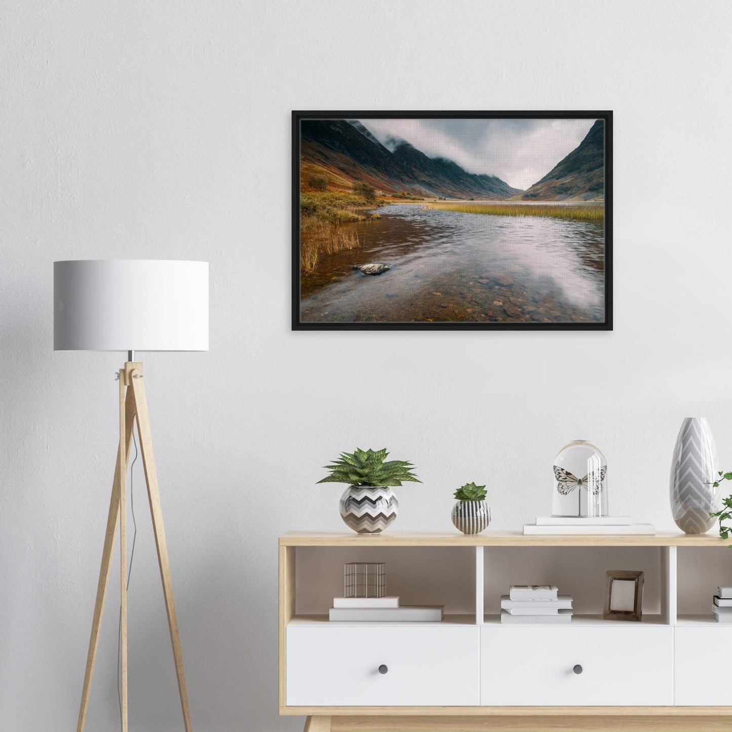 Brooding mountains and reflective water canvas