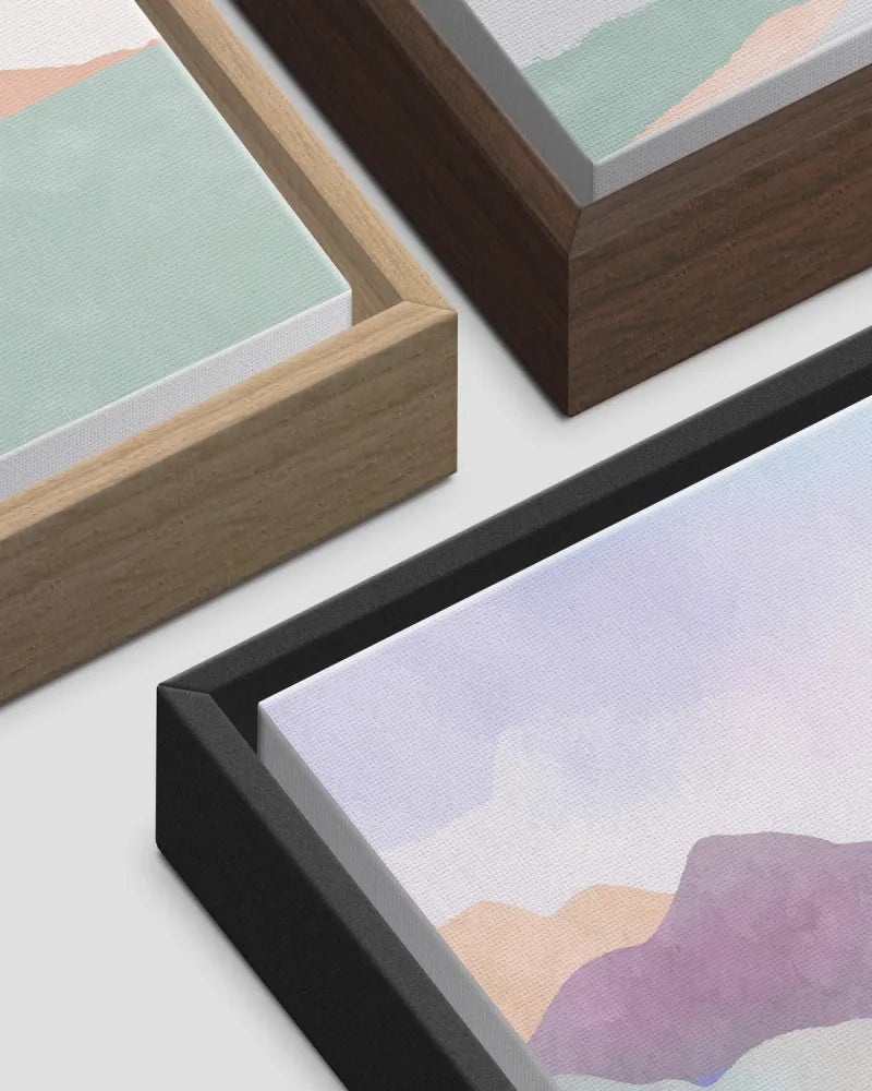 Framed Canvas colour options, wood, dark wood and black options