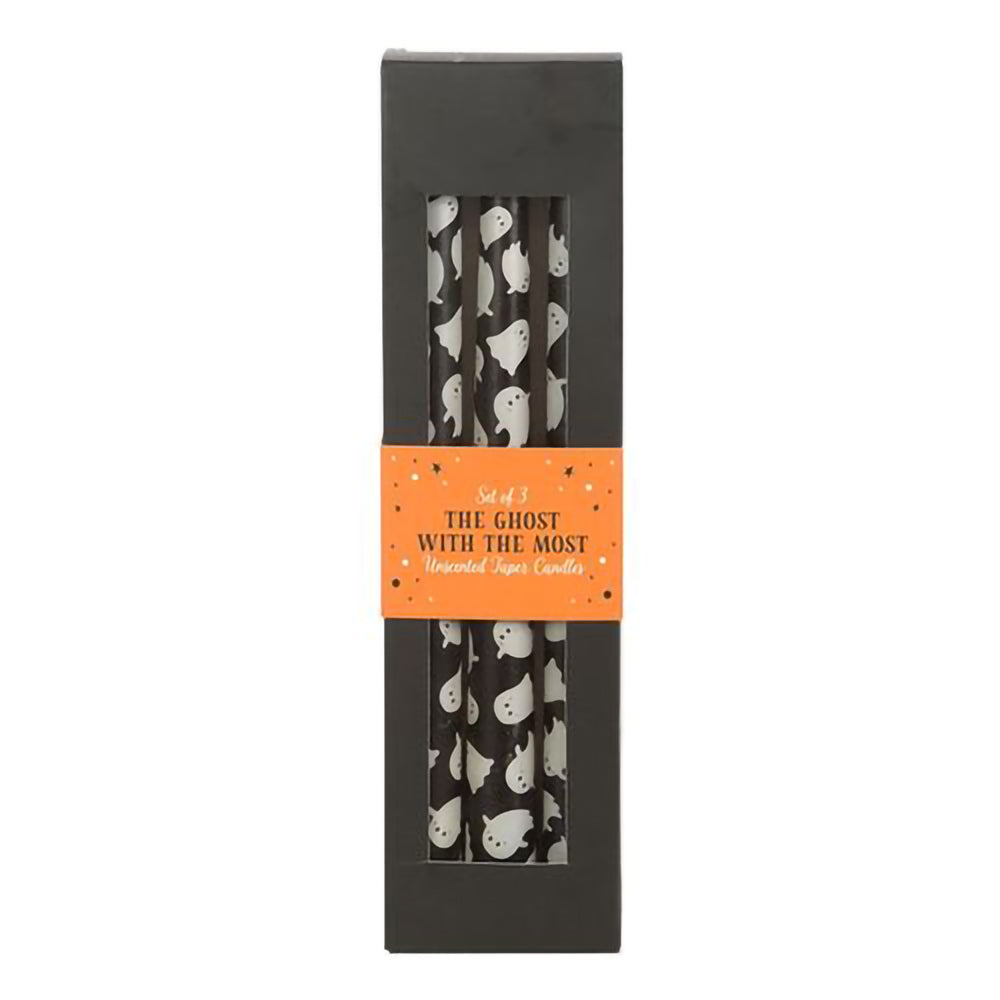 Unscented ghost motif taper candles for spooky season styling