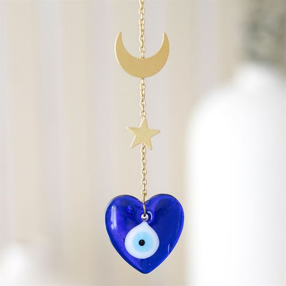 Glass hanging decoration with crescent moon star and all seeing eye hearts