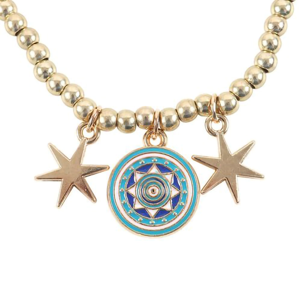 Gold beaded bracelet featuring all seeing eye and two star charms