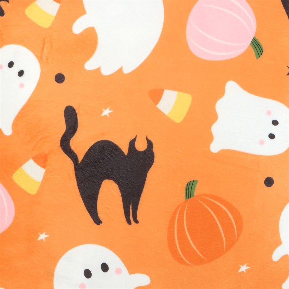 Polyester cushion with seasonal ghost pumpkin and bat design