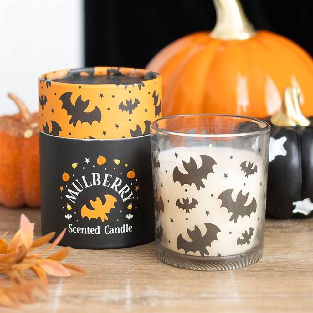 Halloween bat candle with mulberry fragrance in decorative glass jar and wooden lid