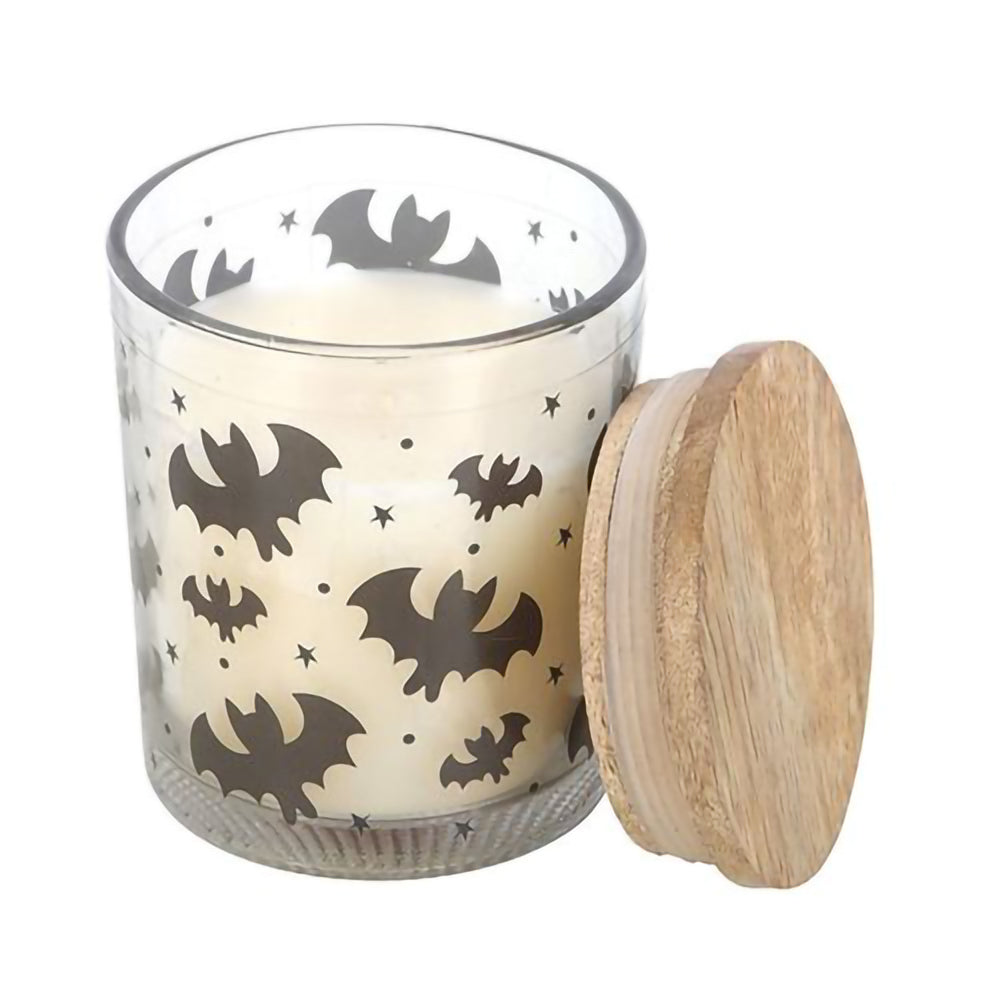 Bat-themed Halloween candle in printed glass jar with natural wooden lid
