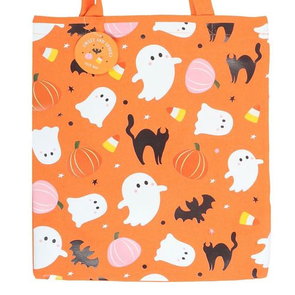 Halloween trick or treat tote with ghost and pumpkin artwork