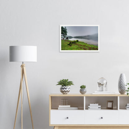 Dreamlike Dartmoor landscape with fog and reservoir reflections