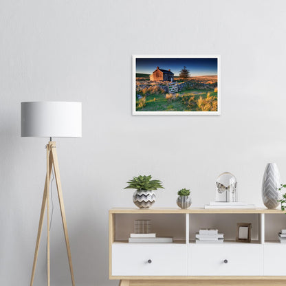 Framed landscape print of Nun’s Cross Farm in Dartmoor at daybreak