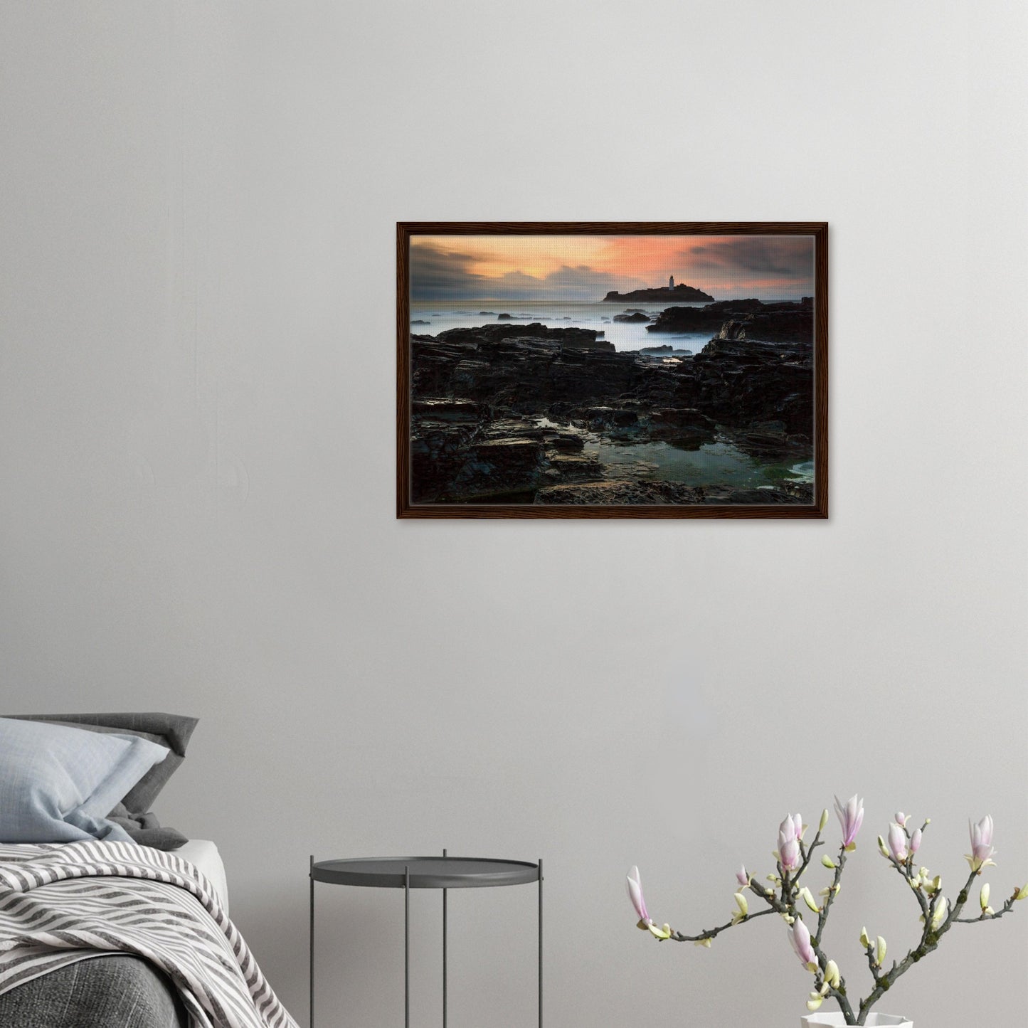 Dramatic light and shadow on Godrevy rocks in canvas artwork