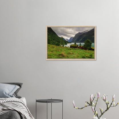 Dramatic cliffs and calm lake in Lodalen Norway art