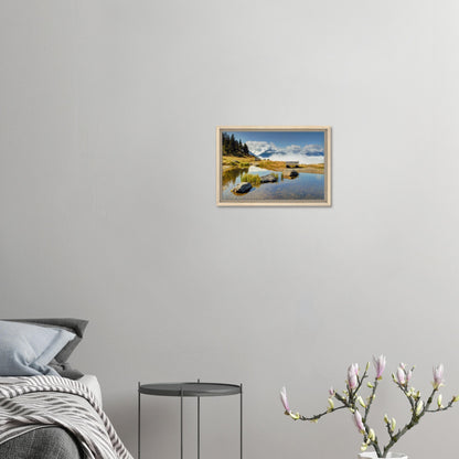 Solitary bench and mirrored water at Resterhöhe framed artwork