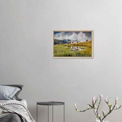 Bucolic Austrian scene of cows, pond, and rolling hills in canvas