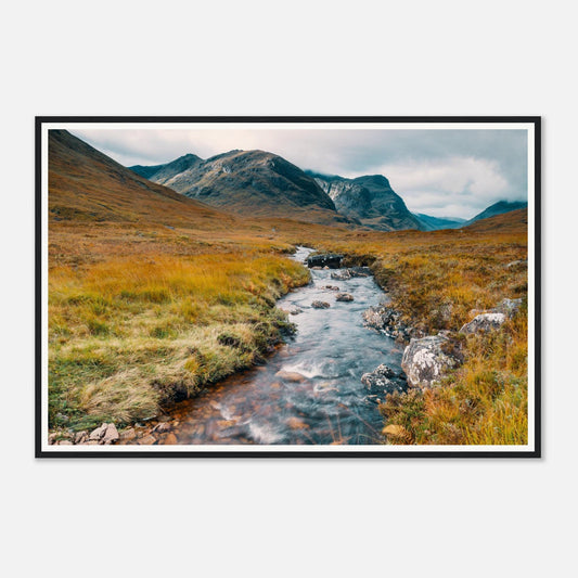 Scenic framed wall art of Glencoe Valley with golden moorland