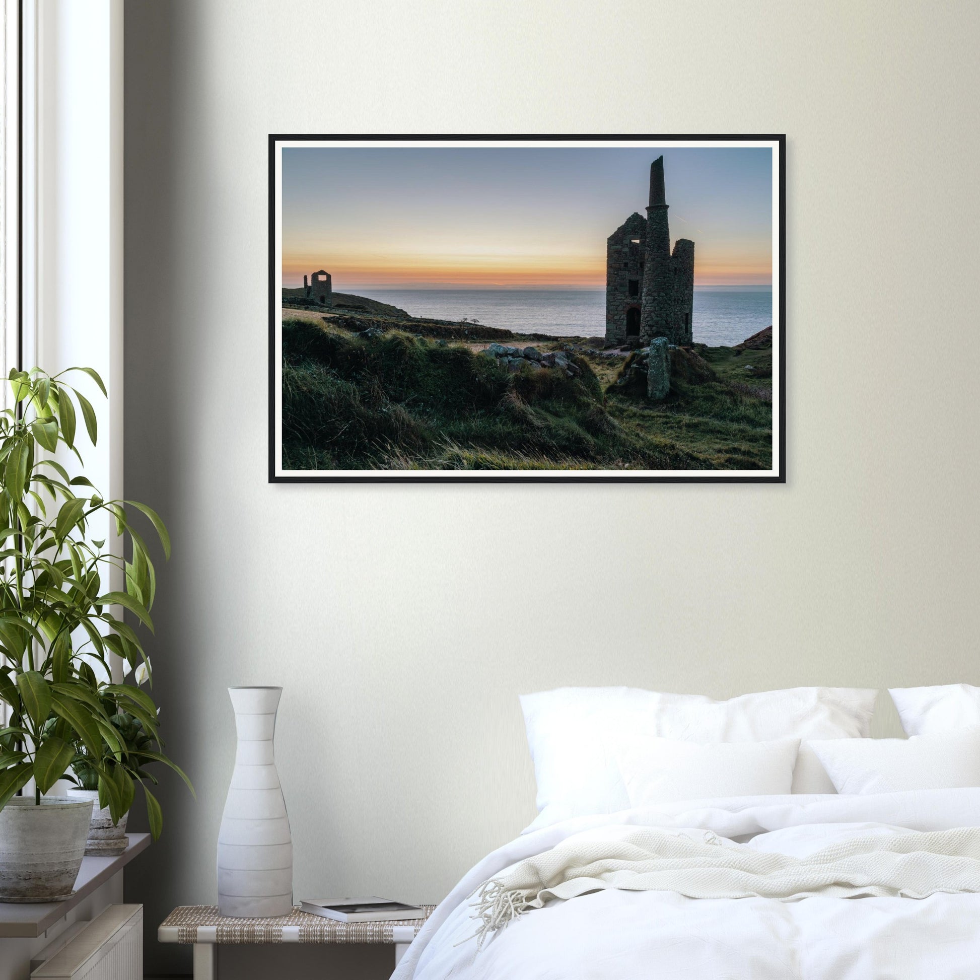 Scenic framed wall art of Wheal Owles Cornwall at twilight