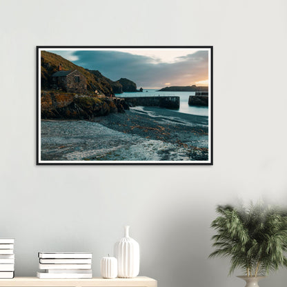 Framed landscape print of Mullion Cove Cornwall harbour view