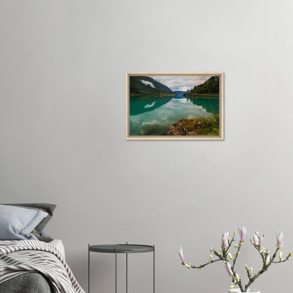 Scenic Norway lake view with mossy rocks in framed canvas