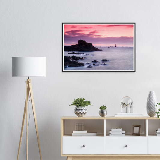 Framed print of Les Hanois Lighthouse in Guernsey at sunset
