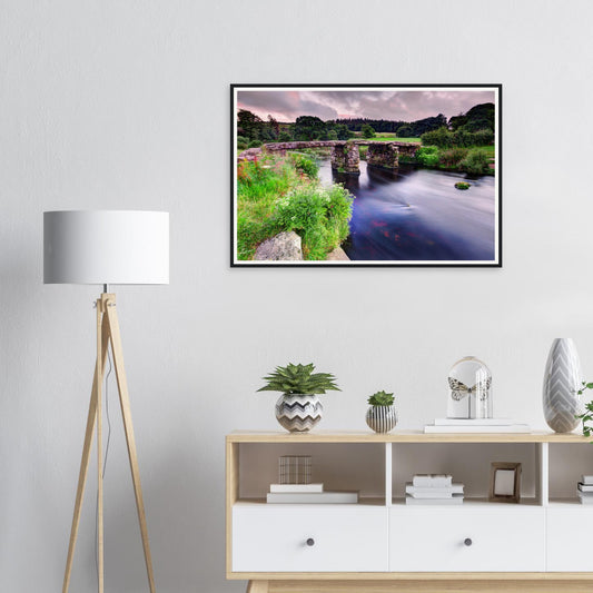 Framed print of Postbridge clapper bridge in Dartmoor National Park