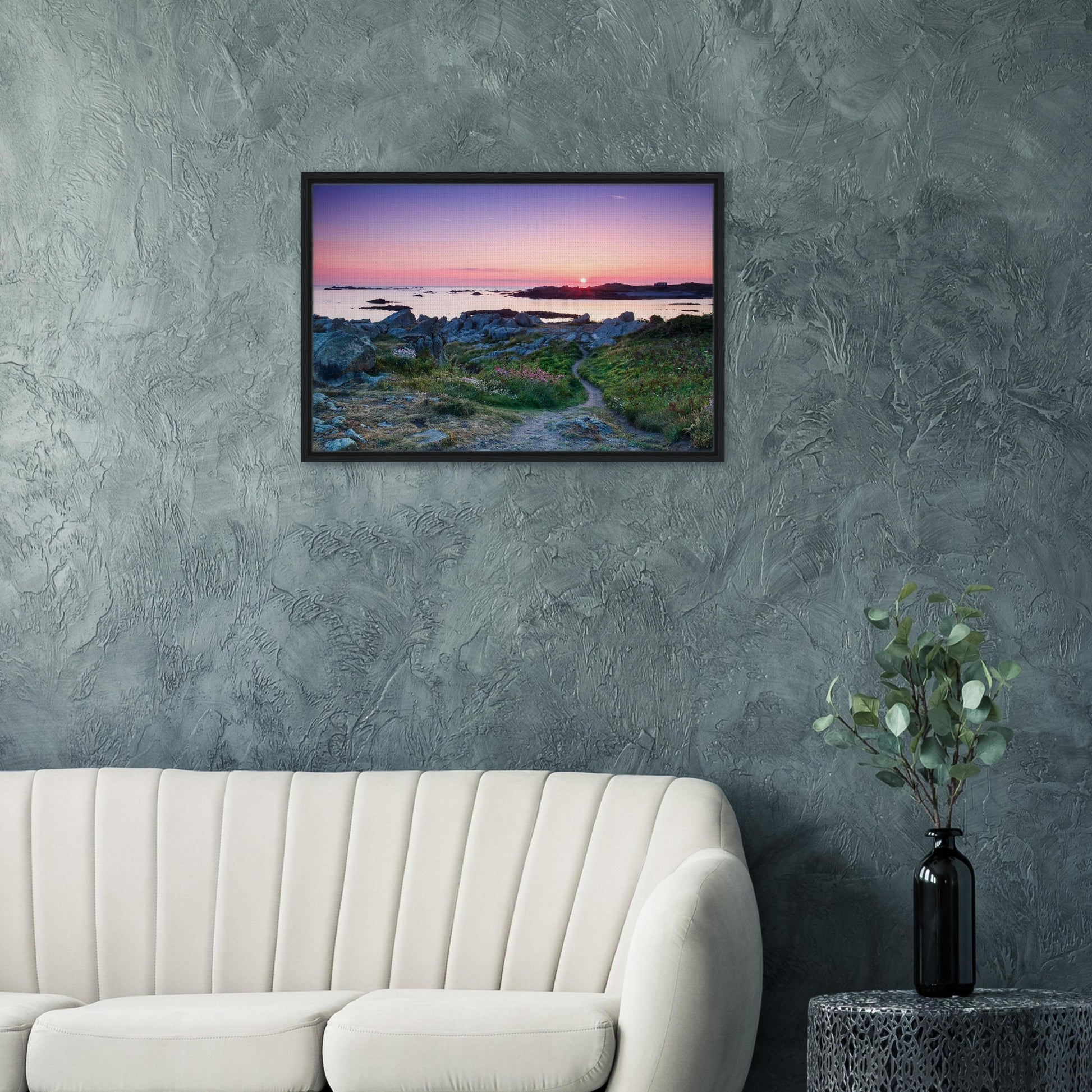 Sun setting over Guernsey’s Lihou Island in tranquil wall art