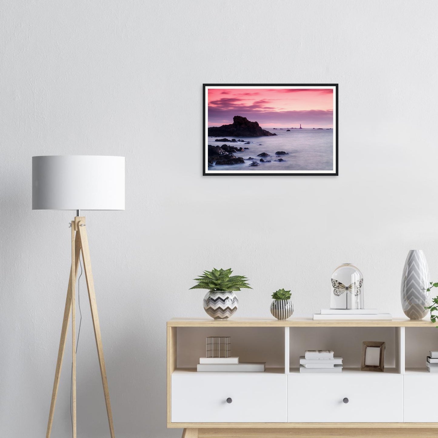 Serene coastal sunset framed art of Les Hanois Lighthouse Guernsey
