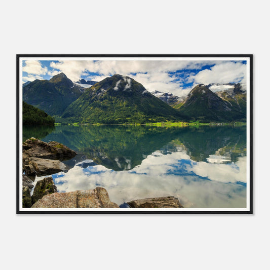 Scenic Norwegian lake framed wall art of Strynevatnet at peace
