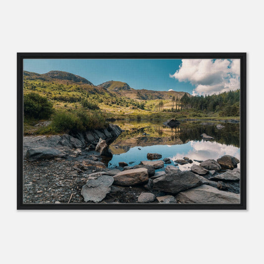 Tranquil lake reflection in Welsh countryside