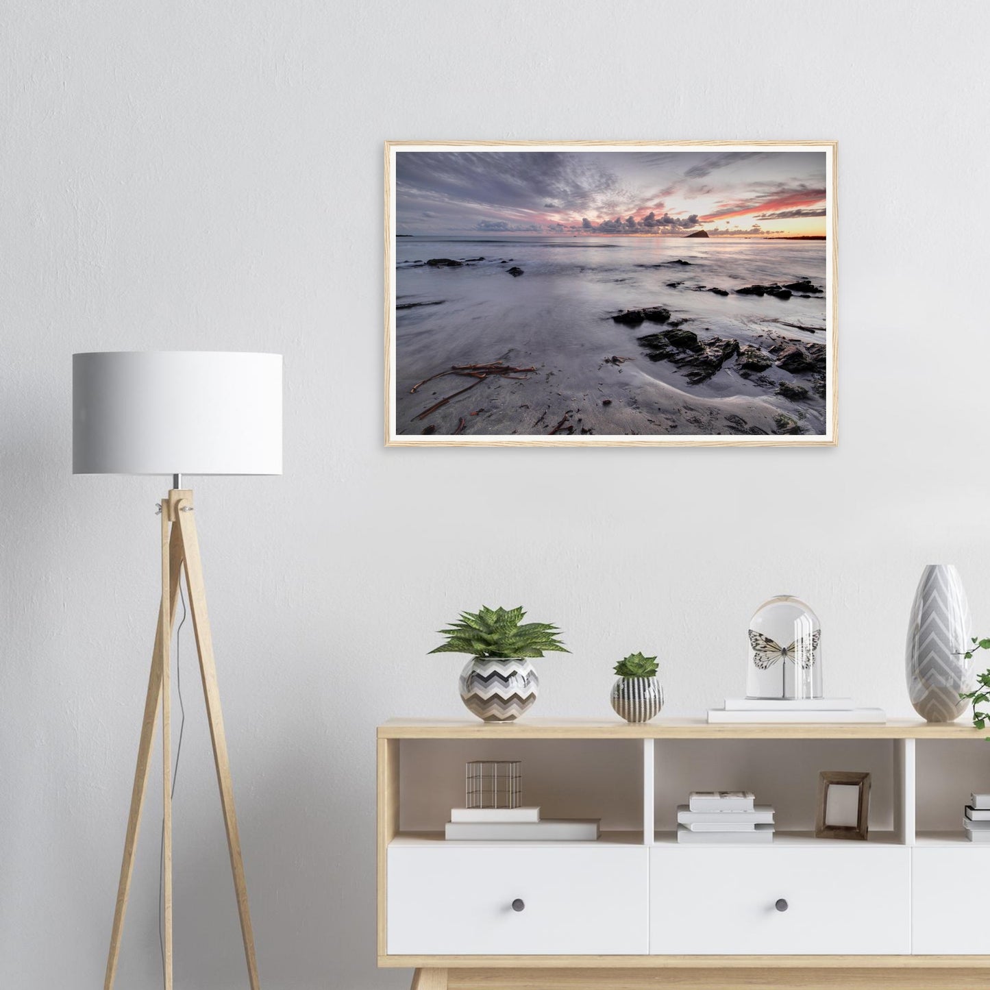 Atmospheric framed wall art of Wembury Beach golden hour