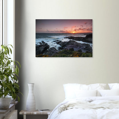 Coastal sunset canvas of Heybrook Bay with golden light, churning sea, and delicate wildflowers gently swaying on the cliffs.