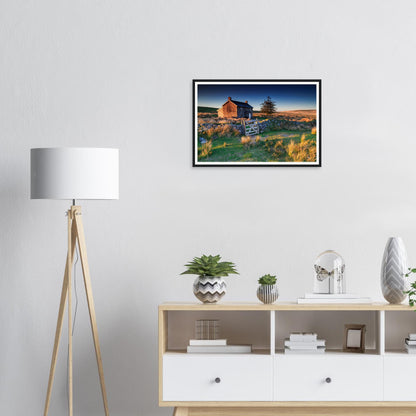 Atmospheric framed print of Dartmoor’s Nun’s Cross Farm at dawn
