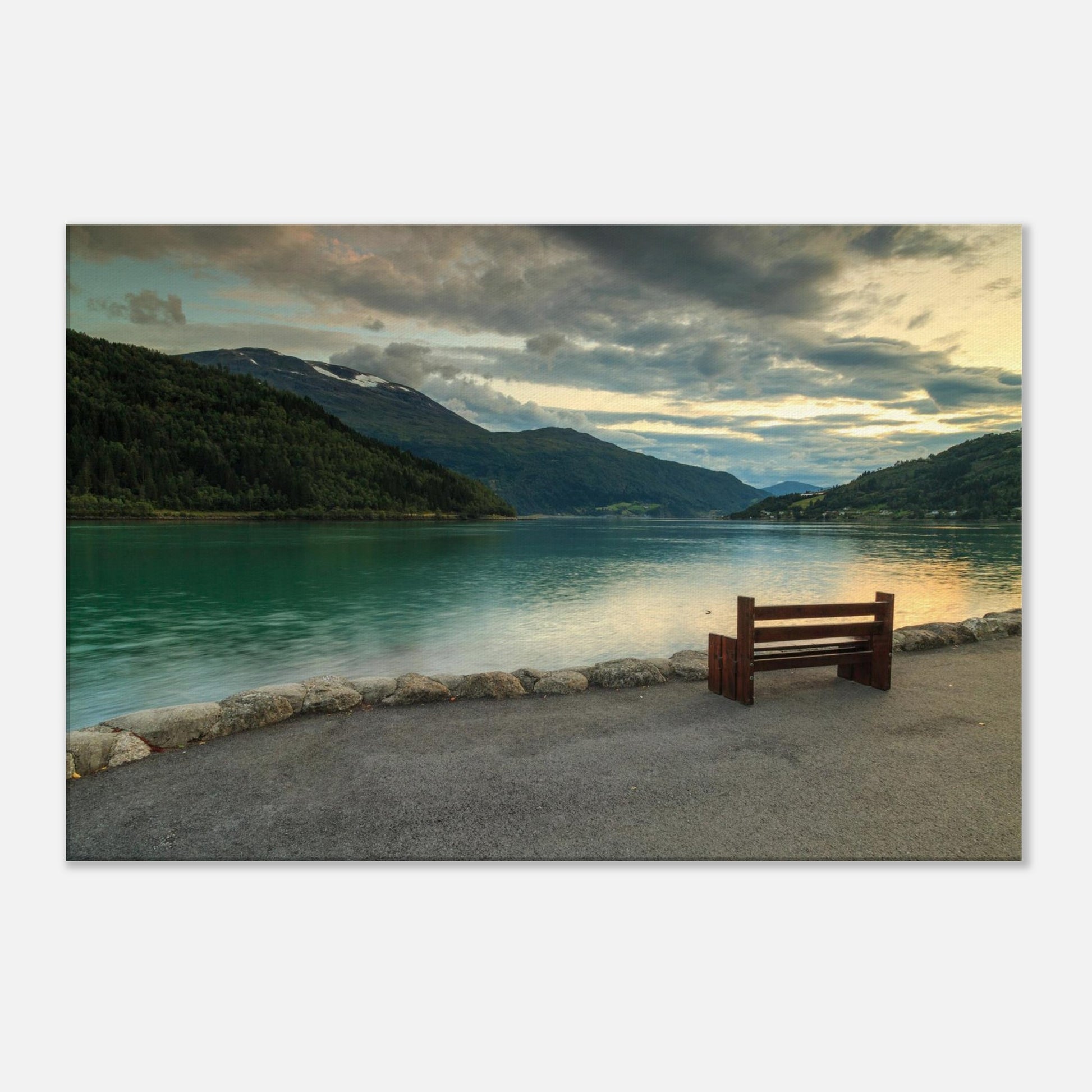 Serene fjord landscape with glassy water reflecting soft pink and purple twilight skies