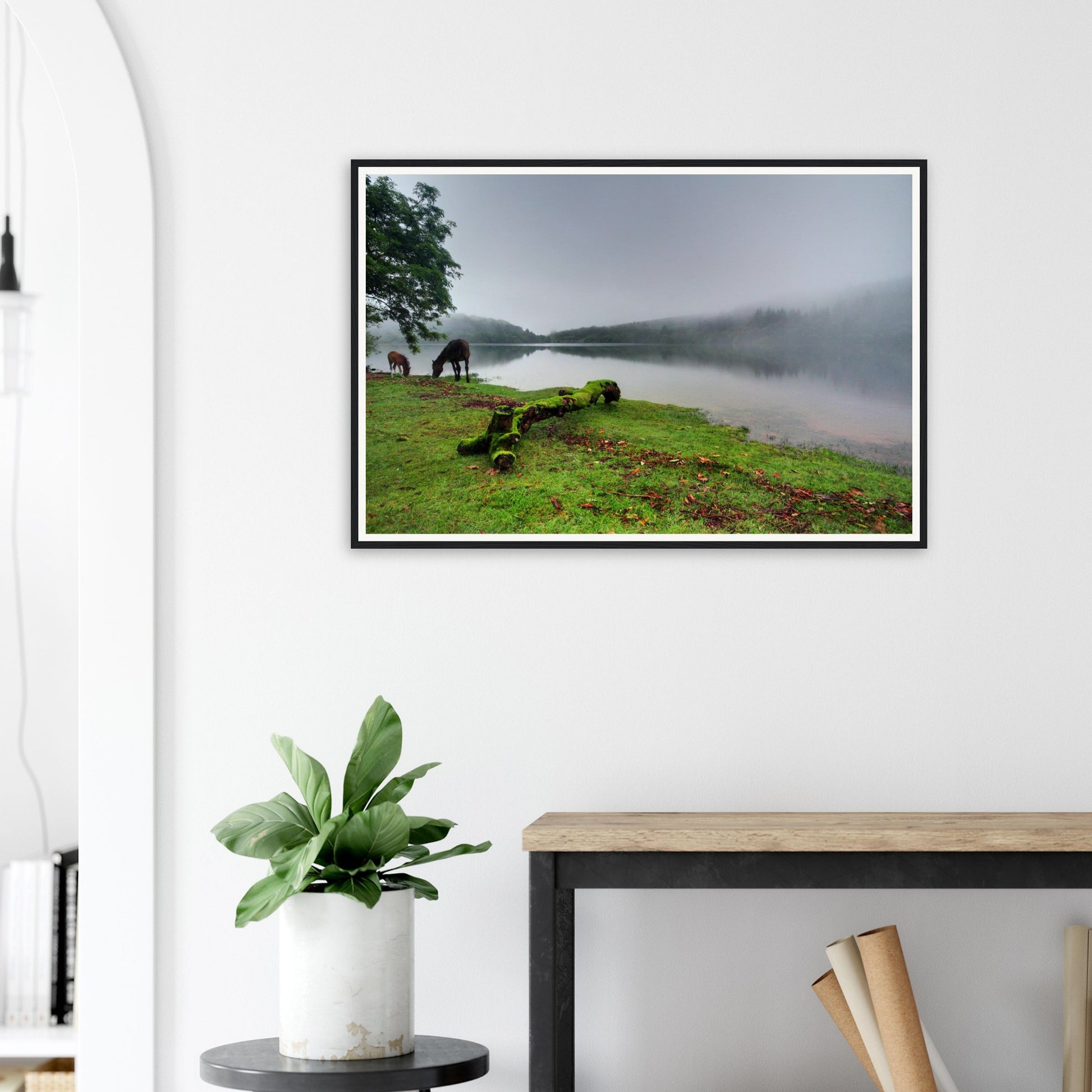 Atmospheric framed print of Burrator Reservoir on a foggy morning