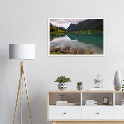 Scenic Norwegian lake framed print of Floen with pebbled edge