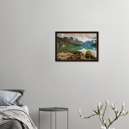 Strynevatnet landscape with reflective water and misty hills