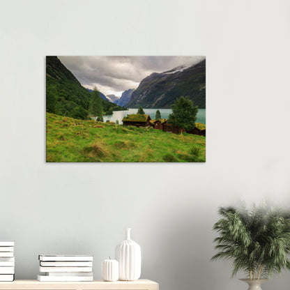 Beautiful nature scene on canvas showing Lodalen Valley’s pastoral beauty, with clear blue waters and green hills under towering cliffs.
