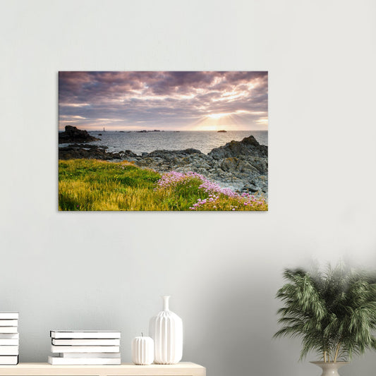 Canvas print of a golden sunset at Pleinmont Point in Guernsey, with Les Hanois Lighthouse on the horizon and glowing coastal grass.
