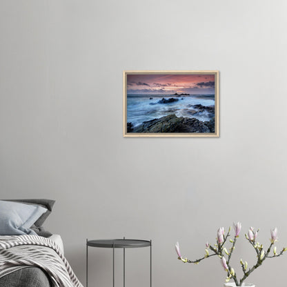 Swirling sea and jagged rocks at Heybrook Bay in framed canvas