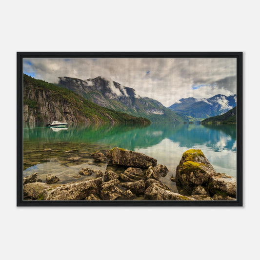 Lone boat on calm Norwegian lake in scenic canvas wall art