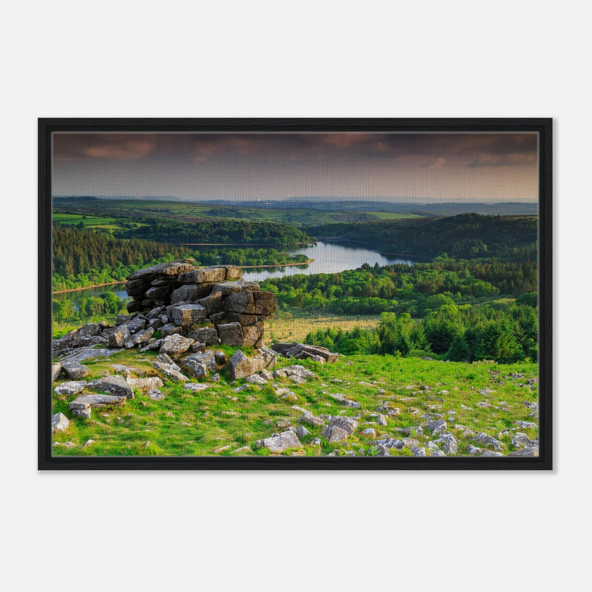 Rugged Dartmoor landscape with Leather Tor and lake in print