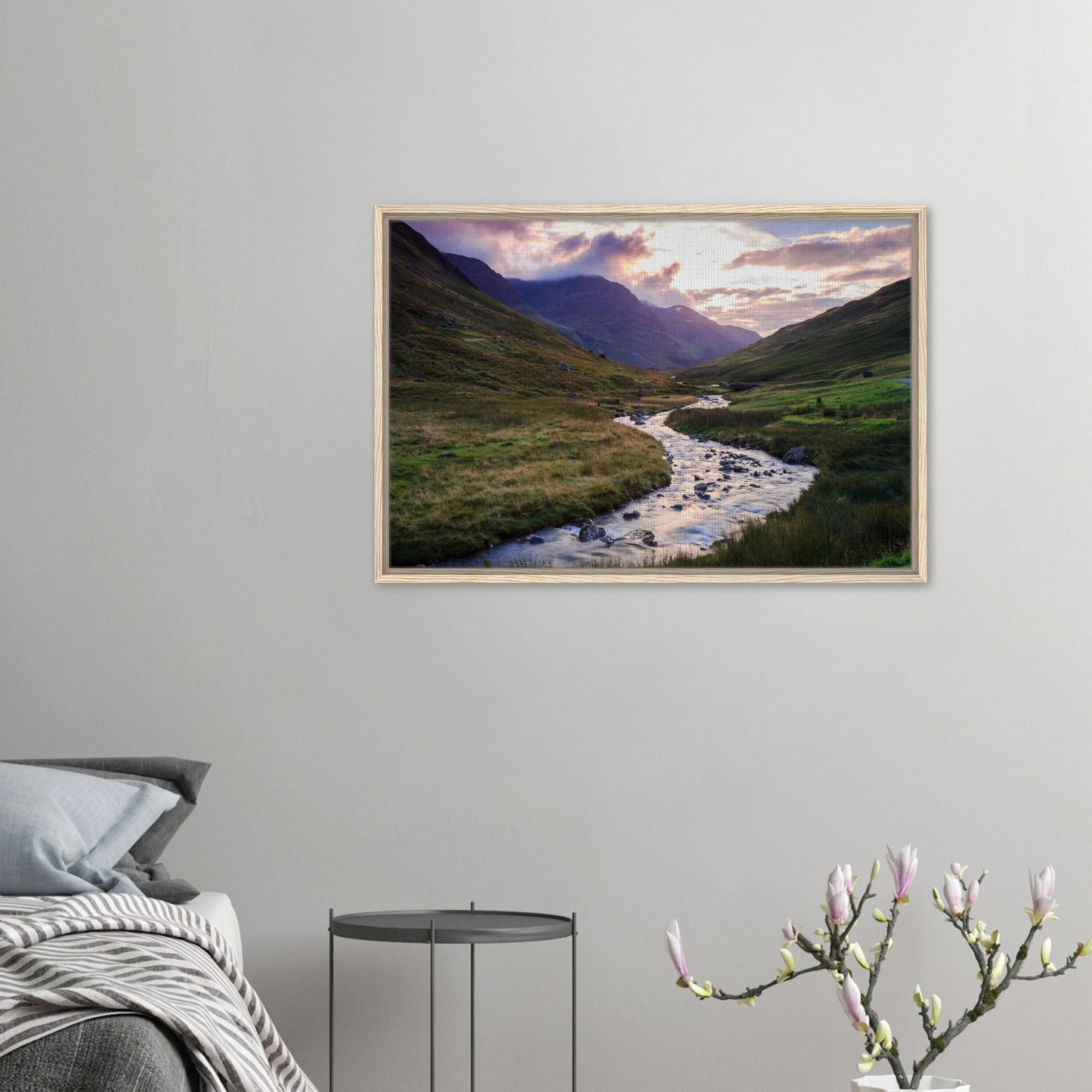 Golden glow over mountains and stream in Lake District print