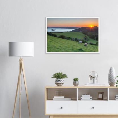 Radiant orange and red sunset sky over Plymouth Sound framed wall art