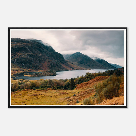 Scenic framed wall art of Loch Shiel with misty mountains